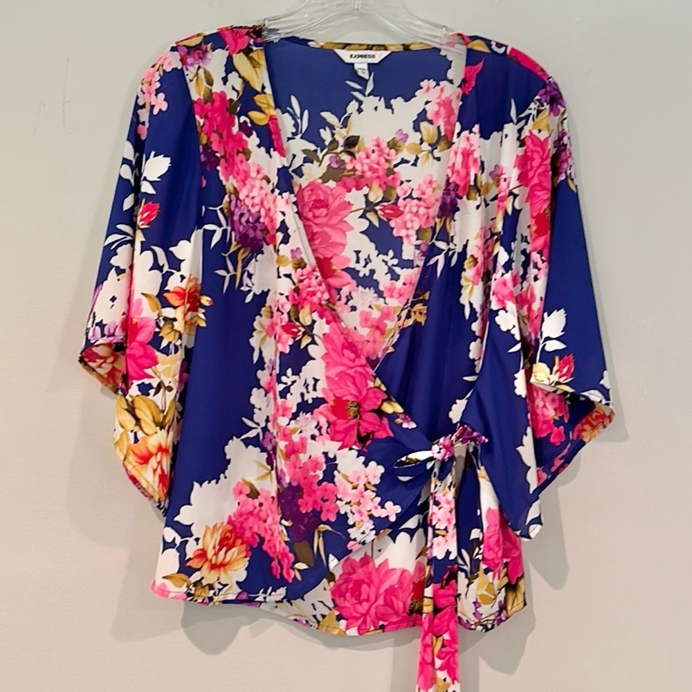 Express Floral Wrap Blouse in Blue, Pink, White